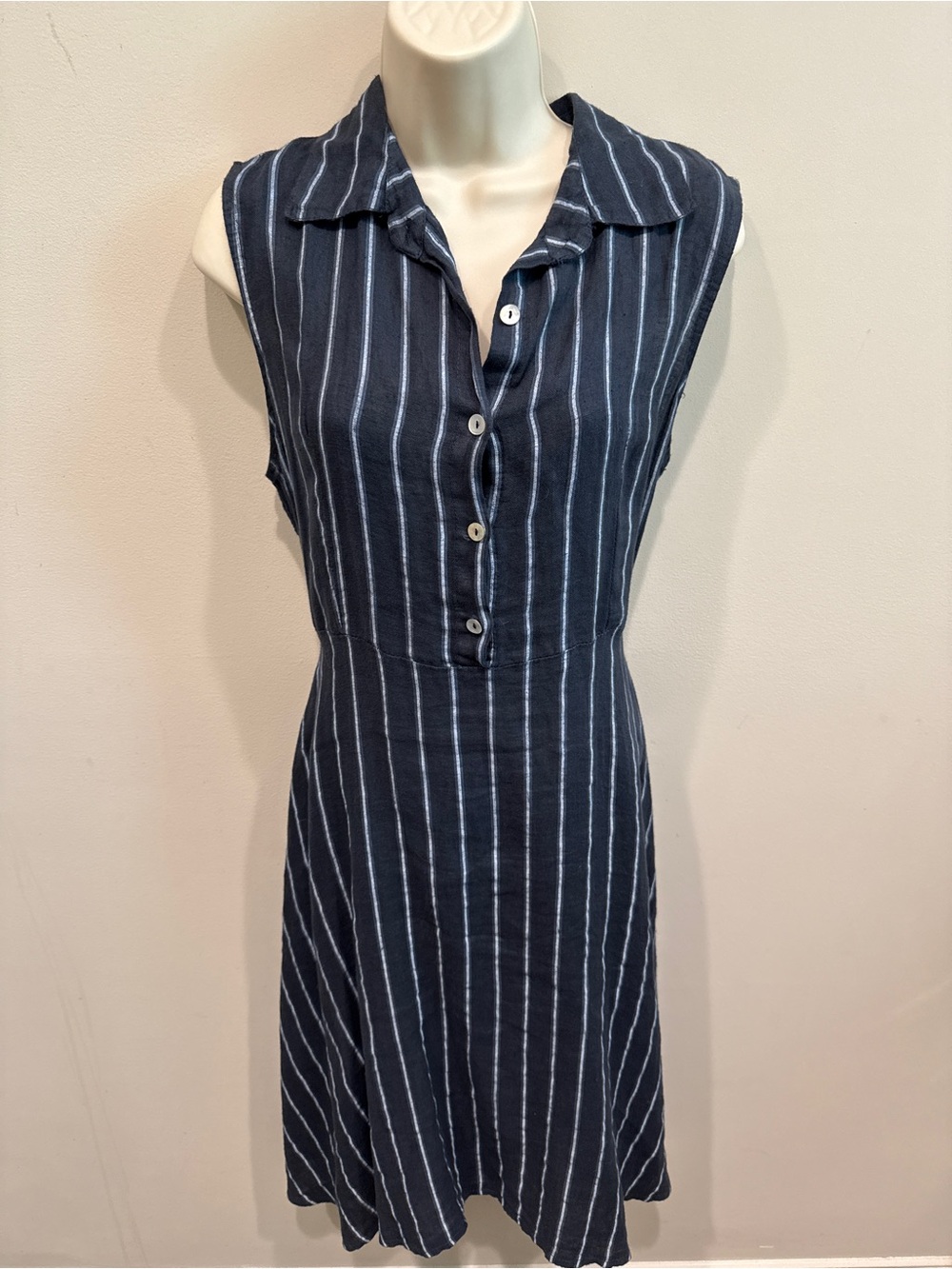 Sleeveless linen Navy Stripe Button-Front Dress Medium
